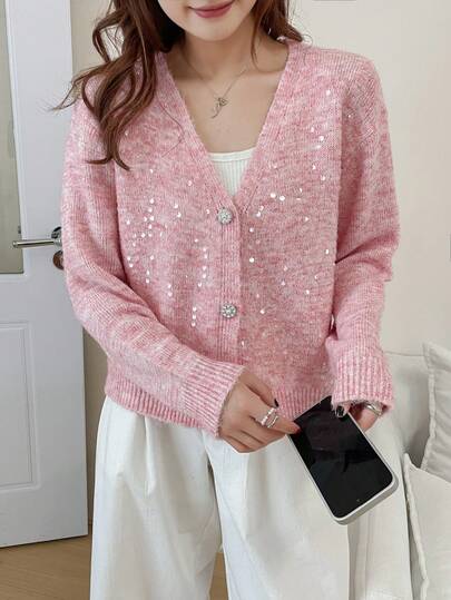 Cardigan in maglia con paillettes per donna, maglione corto con scollo a V e vestibilità morbida, alla moda ed elegante, adatto per autunno/inverno