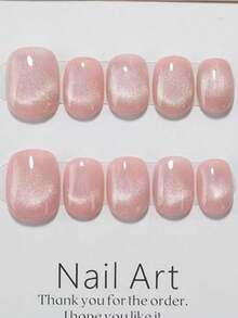 10 件手工椭圆形轻奢猫眼配简约粉色可拆卸指甲，适合不同女性日常使用按压式指甲美甲用品指甲 - 彩色 - 查看 14