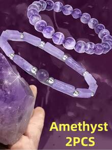 2 piezas Pulsera de cuentas de amatista natural elegante y de moda. Es adecuada para uso diario en todas las estaciones, sirve como un gran regalo y es ideal para apilar. Se cree que alivia la ansiedad y también trae buena suerte y fortuna.