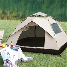 3-4 Person Automatic Pop-Up Tent With Fiberglass Pole, Square Oxford Cloth Camping Shed, Quick-Set 3 Second Design, All-Season Waterproof Zip Open And Close For Camping, Travel And Beach - Nâu nhạt - hai cửa ra vào và hai cửa sổ - Xem 1