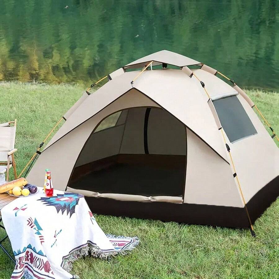 3-4 Person Automatic Pop-Up Tent With Fiberglass Pole, Square Oxford Cloth Camping Shed, Quick-Set 3 Second Design, All-Season Waterproof Zip Open And Close For Camping, Travel And Beach - Nâu nhạt - hai cửa ra vào và hai cửa sổ - Xem 1