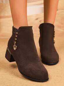 بوت الكاحل النسائية ذات الكعب المتوسط السميك من الجلد الأحمر الفاتح، بتصميم سحاب جانبي ومعلق من الراين، أنيقة وأنيقة، بوت للنساء