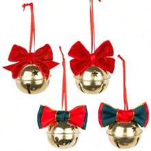 1/4 pièces Décorations d'ornements d'arbre de Noël, Nœud, Cloche, Petits ornements suspendus, Tissu satiné, Cloches dorées, Décorations d'arbre de Noël