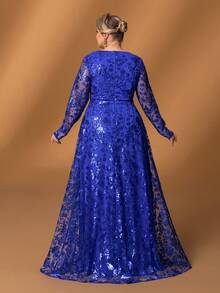 Faeriesty Mosy Elegant Plus-Size Mother Of The Bride Dress With Sophisticated V-Neck & Long Sleeves, Flattering A-Line Formal Gown For Weddings, Galas, Black-Tie Events, Evening Banquets, And Luxury Charity Functions - Royal Blue - View 3
