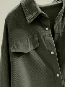 大码女装秋冬新款，纯色梭织面料，前开襟纽扣口袋衬衫，修身显瘦罗纹开衫，适合休闲、通勤、户外穿着，春季皆宜。 - 軍綠色 - 查看 3