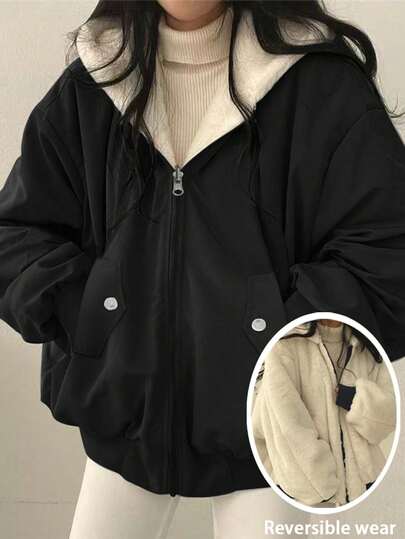 Women's Oversized Hooded Parka With Faux Fur Collar, Slimming Silhouette, Dual Pockets, Reversible, Casual Streetwear, Short Jacket For Autumn/Winter