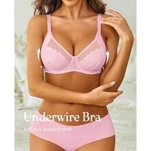 Womens Lace Bras Sexy Push Up Bra With Underwire Full Coverage Unlined Balconette Everyday Bra Lingeries - 粉色 - 查看 4