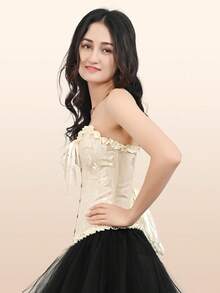 Lacing Corset For Women Lace Boned Overbust Body Shaper Bustier Sexy Satin Black White Brocade Lingeries Shapewear Top Plus Size S-6XL Beige - 米色 - 查看 3