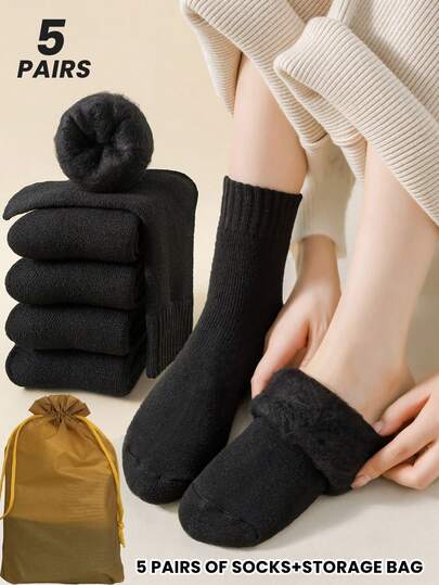 5 Pairs Women's Thick Fleece Lined Mid-Calf Socks, Black, Warm & Cozy For Autumn/Winter, Fashionable & Versatile For Daily Wear And Sleepwear