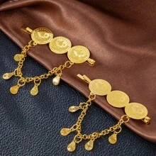 1件复古金币流苏链发夹，中东/灵感个性化设计刘海发夹，情人节配饰，婚礼发饰 - 金色 - 查看 4