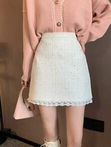 Tweed Small Fragrance High Waist Slimming Lace Patchwork Hip Short Skirt Autumn And Winter - White - View 4