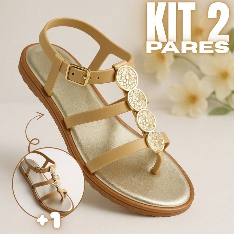Kit Of 2 Pairs Of Women's Flat Sandals, Modern And Comfortable, For Walking - Caribbean - 金+金 - 查看 1