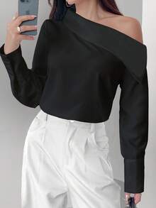 女士优雅通勤纯色不对称领衬衫 - 黑色 - 查看 3