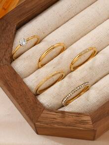 5/6/11 件时尚优雅不锈钢戒指套装，18k 镀金，珠饰钻石，适合女性日常佩戴，可搭配节日、约会、婚礼珠宝礼物 - 金色2 - 查看 9