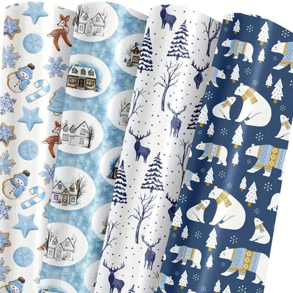 8 Sheets Christmas Wrapping Paper - Large 19.7x27.5 Inches, Winter Forest Pattern With Pine Trees, Polar Bears, Reindeers, Cottages - Navy Blue And White Holiday Gift Wrap, Suitable For Christmas, Birthday Parties, Baby Showers - Elegant Winter Design, Detailed Illustrations, Premium Quality, Home Decor, Holiday Decoration, Christmas Wreaths, Seasonal Arrangement