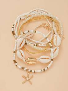 Bộ 7 vòng tay/vòng chân phong cách Bohemian đính hạt cườm hình vỏ sò, ngọc trai giả và sao biển, phù hợp cho nữ (màu sắc phối ngẫu nhiên), phụ kiện ngày Valentine. - Nhiều màu - Xem 2