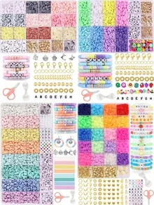 24 Colors 6mm Polymer Clay Flat Disc Beads, DIY Necklace, Bracelet, Phone Strap, Keychain Jewelry Making Kit With Alphabet Discs, Scissors, Elastic String, Metal Charms, Clasps, Bohemian Style Jewelry Set - Multicolor - View 1