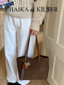 1 pezzo Borsa a spalla in tessuto scamosciato tinta unita, borsa casual retrò da donna con chiusura a scatto e cerniera, borsa a tracolla di grande capacità adatta per viaggi, shopping, appuntamenti, regalo da donna, adatta per ragazze adolescenti, studenti universitari e lavoratori d'ufficio, ideale per ufficio, scuola, lavoro, pendolarismo, attività all'aperto, viaggi, picnic (venduta con ciondolo)