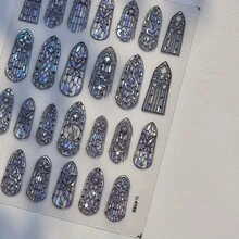 Vintage Stained Glass 5D Embossed Nail Art Stickers - Iridescent Shell Effect, Self-Adhesive DIY Decals For Nails, Journals & Phone Decor, Geometric & Floral Patterns, Shimmering Pastel Colors, Nail Stickers - 彩色 - 查看 7
