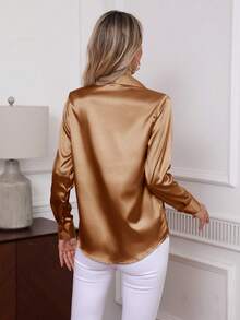 2026 New Elegant Solid Color Button-Down Long Sleeve Shirt, Classic Workwear Blouse For Women Spring - Coffee Brown - View 2