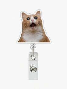 1pc Acrylic Retractable Cat Emoticon Badge Reel, Rotatable ID Card Holder Keychain Clip For Doctor/Nurse,School Supplies,Back To School