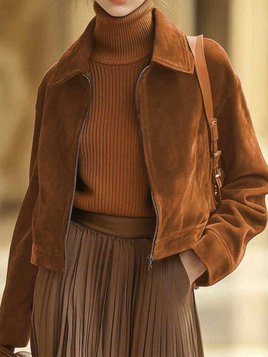 1 pieza Chaqueta corta casual y suelta de unicolor de ante sintético con bolsillo con cremallera, adecuada para el hogar, uso diario, oficina, vacaciones, citas por la noche, viajes, primavera, otoño, invierno