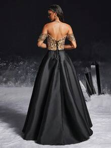 VIPGIRL Váy dạ hội trễ vai họa tiết da rắn có thân áo đính đá và xẻ tà cao, dự tiệc sang trọng, váy dạ hội cho nữ, váy dạ hội trang trọng - màu đen - Xem 2