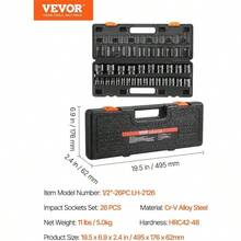 12 Drive Impact Socket Set, 65 Piece SAE 38 To 1 - 14 And Metric 10 - 24mm, 6 Point Alloy Steel Auto Repair, Easy - To - Read Size Markings, Rugged Construction, Storage - 1/2" 26PCS - View 7