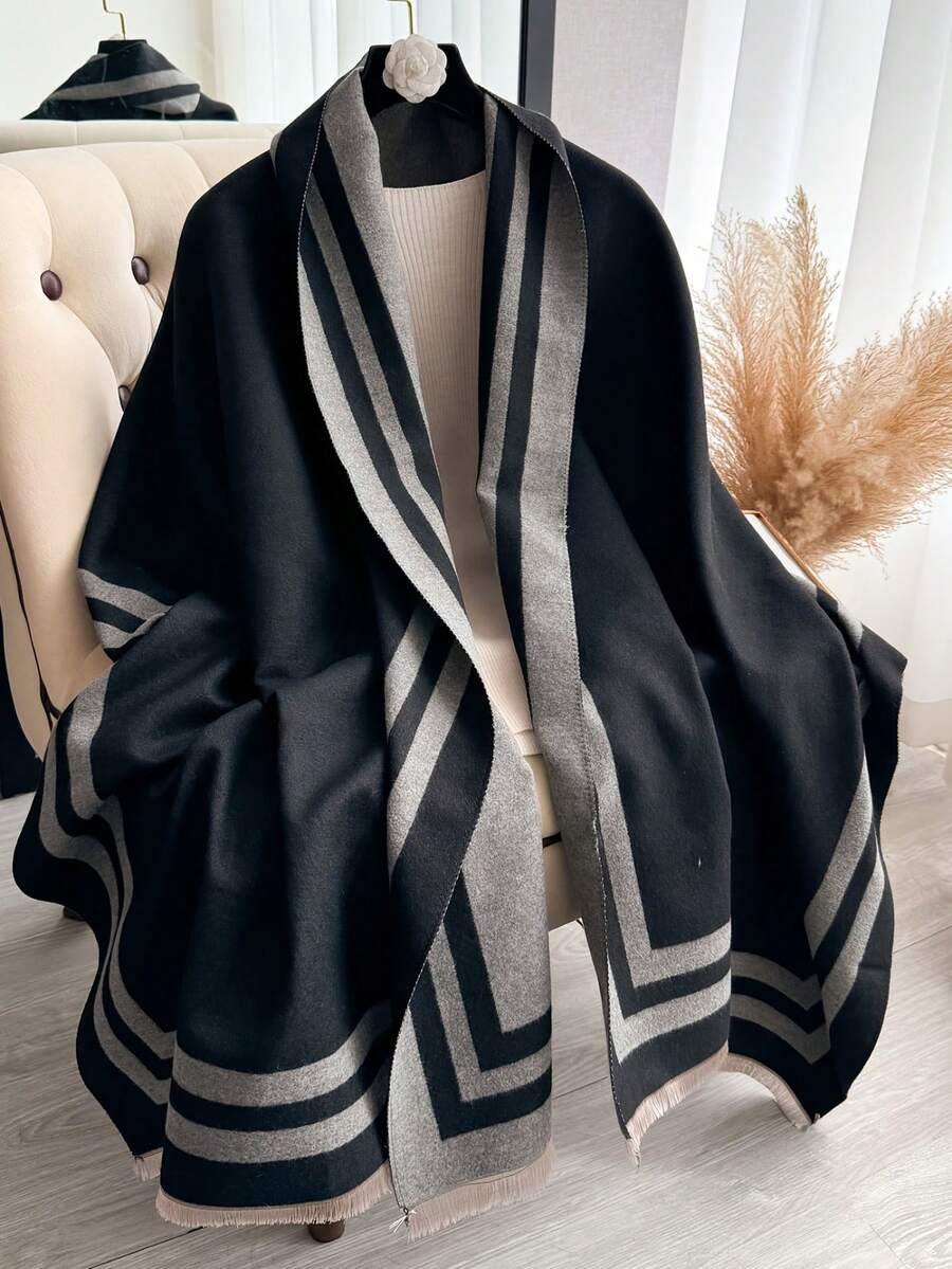 1 pièce Écharpe jacquard épaisse et chaude minimaliste pour l'automne/hiver, étole réversible élégante bicolore pour femmes