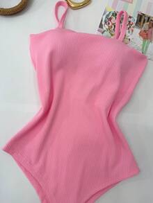 Women's Bodysuit With Braided Straps, Anarruga Fashion Blogger - Baby Pink - View 2