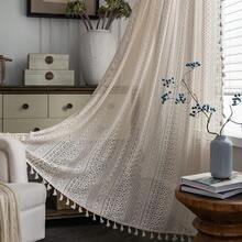 Boho Curtains Crochet Lace Semi-Sheer Bohemian Hollow Knitted Handmade Tassels, Rod Pocket Window Treatment Vintage Rustic Farmhouse Drapes For Living Bedroom, 1 Panel 59" W X 84" L, Beige - 米色鉤針編織 - 查看 1