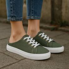 Women's Mule Sneakers With Laces - Back Opening (Heel) Easy To Put On - Comfortable, Light And Stylish - Màu xanh Ô liu - Xem 1