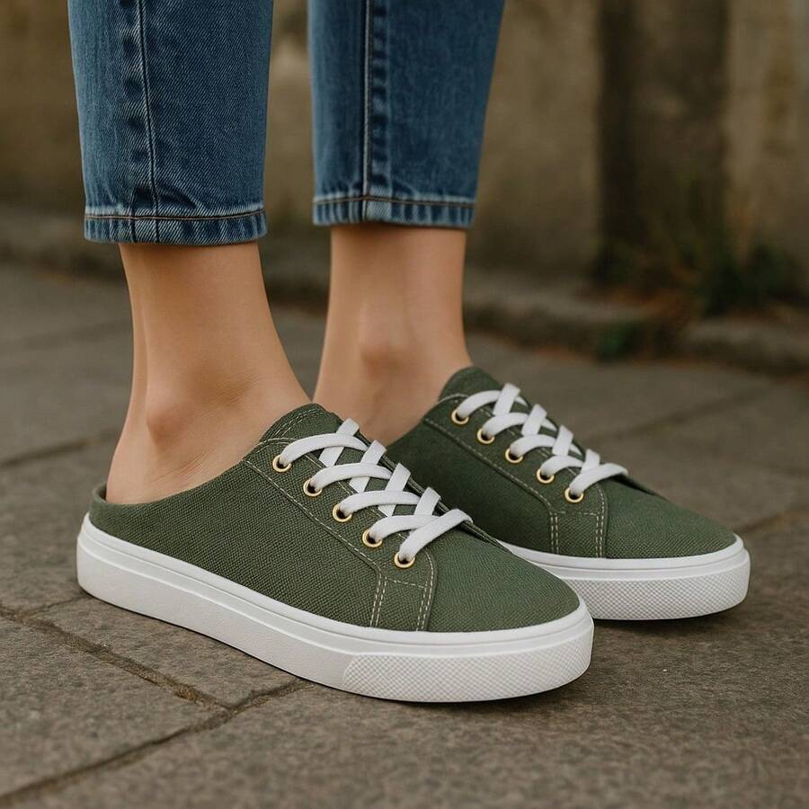 Women's Mule Sneakers With Laces - Back Opening (Heel) Easy To Put On - Comfortable, Light And Stylish - Màu xanh Ô liu - Xem 1