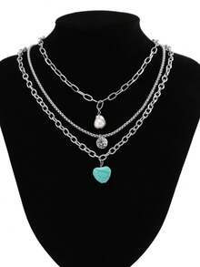 3pcs/Set Fashionable Vintage Turquoise Heart Pendant Baroque Faux Pearl Pendant Necklace Jewelry Set, Suitable For Women's Daily Wear, Decor, Vacation, Party, Music Festival. The Handmade Necklace Length Is Customizable By Cutting The Chain