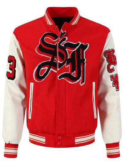 Men's Red Baseball Jacket High End Embroidered Leather Fashionable Street Style Sportswear Casual Classic Retro Sportswear Patchwork PU Long Sleeved Hip-Hop Motorcycle Jacket , Fall/Winter