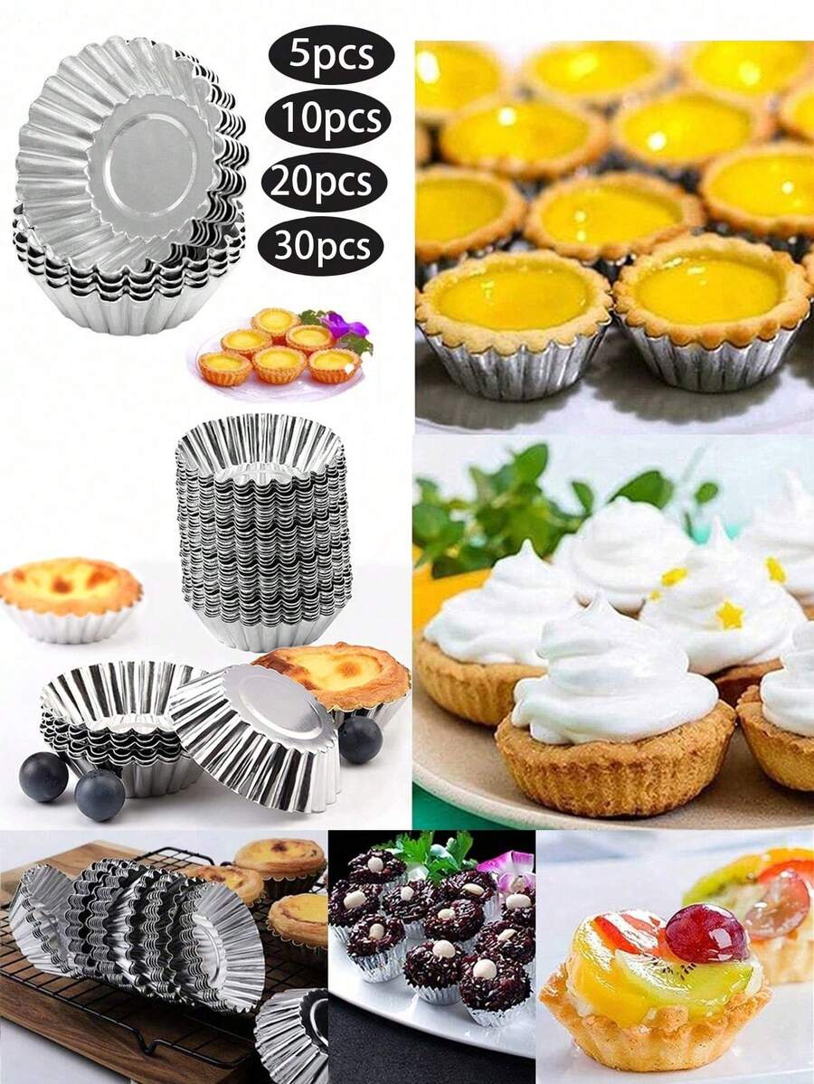 5/10/20/30pcs Reusable Aluminum Tart Molds, Suitable For Muffins, Cupcakes, Pudding, Non-Stick Baking Trays, 7cm Silver Baking Tools, Cake Pastry Molds