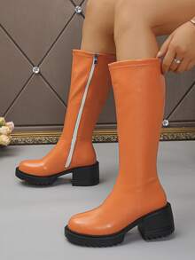 Round Toe Solid Color Fashionable Versatile City Outdoor Western Style Side Zipper Knee-High Boots For Women, Autumn/Winter - Orange - View 1