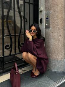 Senya Damski sweter jesienno-zimowy z okrągłym dekoltem, luźny, uniwersalny, odpowiedni na dojazdy do pracy, święta, urodziny, imprezy, wesele, Nowy Rok, Walentynki, Boże Narodzenie, bordowy top pasujący do Nowego Roku - Burgund - Zobacz 3