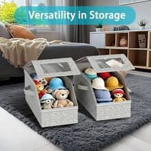 A Stackable Hat Storage Box, Suitable For 12 Baseball Caps - Sturdy Fabric And Cardboard Organizer With A Transparent Window, A Space-Saving Wardrobe Storage Box For Both Men And Women With A Decorative Design, In Gray, With A Neutral Appearance