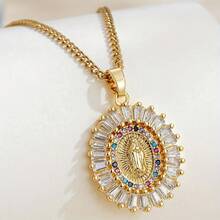 1pc Boho Vacation Style 18K Golden Plated Stainless Steel Necklace With Rhinestone Embellished Virgin Mary Pendant, Unisex Fashion Jewelry For Daily Wear, Parties, Mardi Gras, Christmas, Halloween - 金色 - 查看 2
