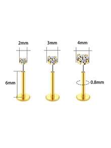 1Pair Of 20g Threadless Nose Studs, 6mm Titanium Labret Nose Stud, Nap Earrings For Helix Piercing Tragus Conch Jewelry,Cubic Zirconia 3mm Push In Gold Nose Ring, Hypoallergenic Cartilage Earring Stud