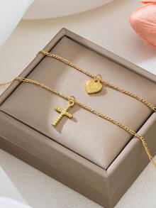 1 pieza Elegante collar de mujer con capas de corazón y cruz de moda, regalo (sin caja)