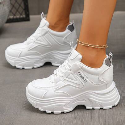 2025 Spring/Autumn New Fashionable Comfortable White Sneakers, Korean Style Chunky Chunky Sneakers, Casual Sports Flat Shoes For Women