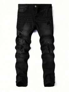 1pc Men's Black Elastic Skinny Distressed Versatile Jeans, Outdoor Comfortable Casual Cargo Skinny Jeans, Y2K Style, Suitable As Gift For Husband/Boyfriend, Daily Wear - Black - View 5