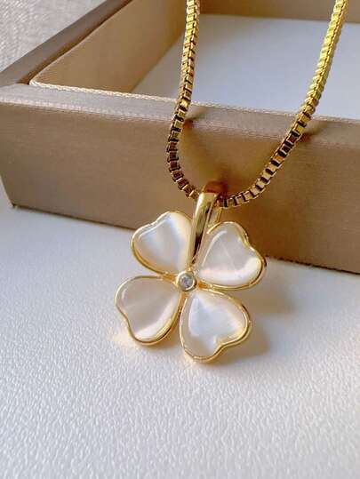 1Pcs Bohemian Minimalist Retro Street Style Hip Hop Women Necklace 22K Gold Plated Gemstone Luxury Four Leaf Clover Pendant Hypoallergenic Tarnish Proof Washable Jewelry Gift For Mom Daughter Friends Halloween Party Travel Daily Wear