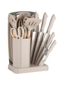 23 PCS Silicone Kitchen Utensils Set And Kitchen Knife Set With Removable Knife Cover, Non-Stick Heat Resistan Kitchen Tools Best Kitchen Cookware Include 12 Pcs Silicone Cooking Utensils 5 Pcs Chef Knife Set - Màu Khaki - Xem 12