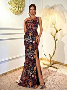 女士高品质优雅刺绣单肩紧身连衣裙 - 彩色 - 查看 5