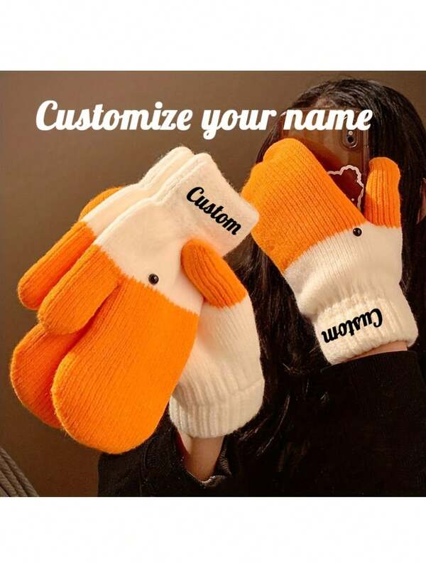 Customized Creative Funny Big Goose Feather Mittens For Women - Thickened Warm Winter Gloves With Embroidery, Elastic Fit, Hand Wash/Dry Clean, Cute Couple Design For Autumn & Winter, Winter Gloves, Cozy Home Wear, Playful Design, Soft Texture