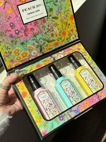 PEACH JO+ 3 PiecesDreamlike Floral Fragrance Mist Set, Limited Edition Aromatherapy Air Freshener For Indoor/Outdoor, Multi-Layer Uplifting Mist With Long-Lasting Natural Fresh And Alluring Essence, Releasing Elegant Jasmine, Gardenia And Lavender Scent, Ideal Gift For Dates, Parties, Gatherings, Travel, Holidays, Home, Hotel, Office