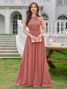 MIUSOL Elegant Women's Sequin Floral Lace Halter Neck Sleeveless Ruched Chiffon Maxi Dress, Perfect For Formal Wedding Guest, Cocktail Party, Bridesmaid, Prom - 藕粉色 - 查看 3